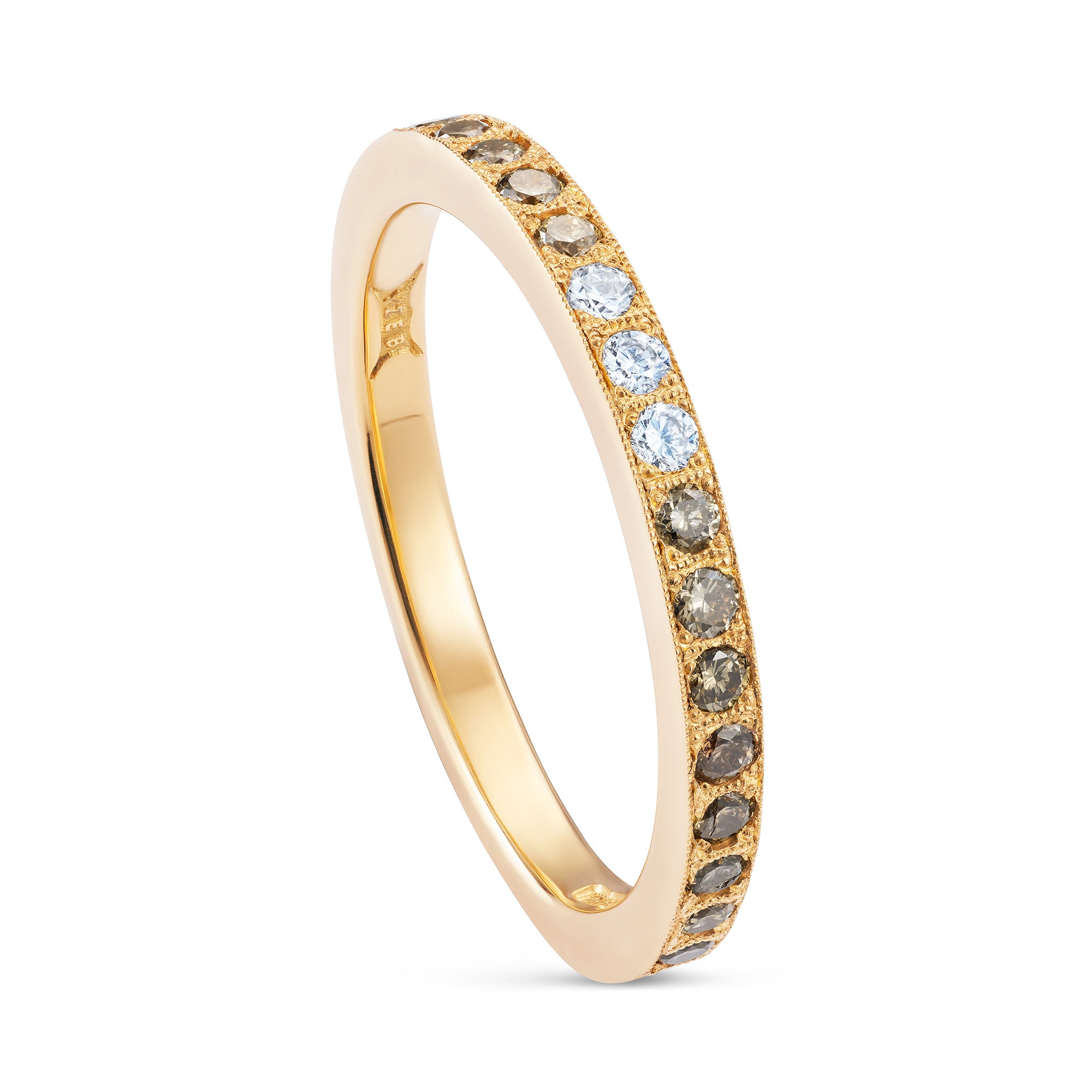 Ombré diamond eternity ring in 18ct yellow gold with diamonds fading from white to champagne to chocolate, designed by Yasmin Everley. Angled view.