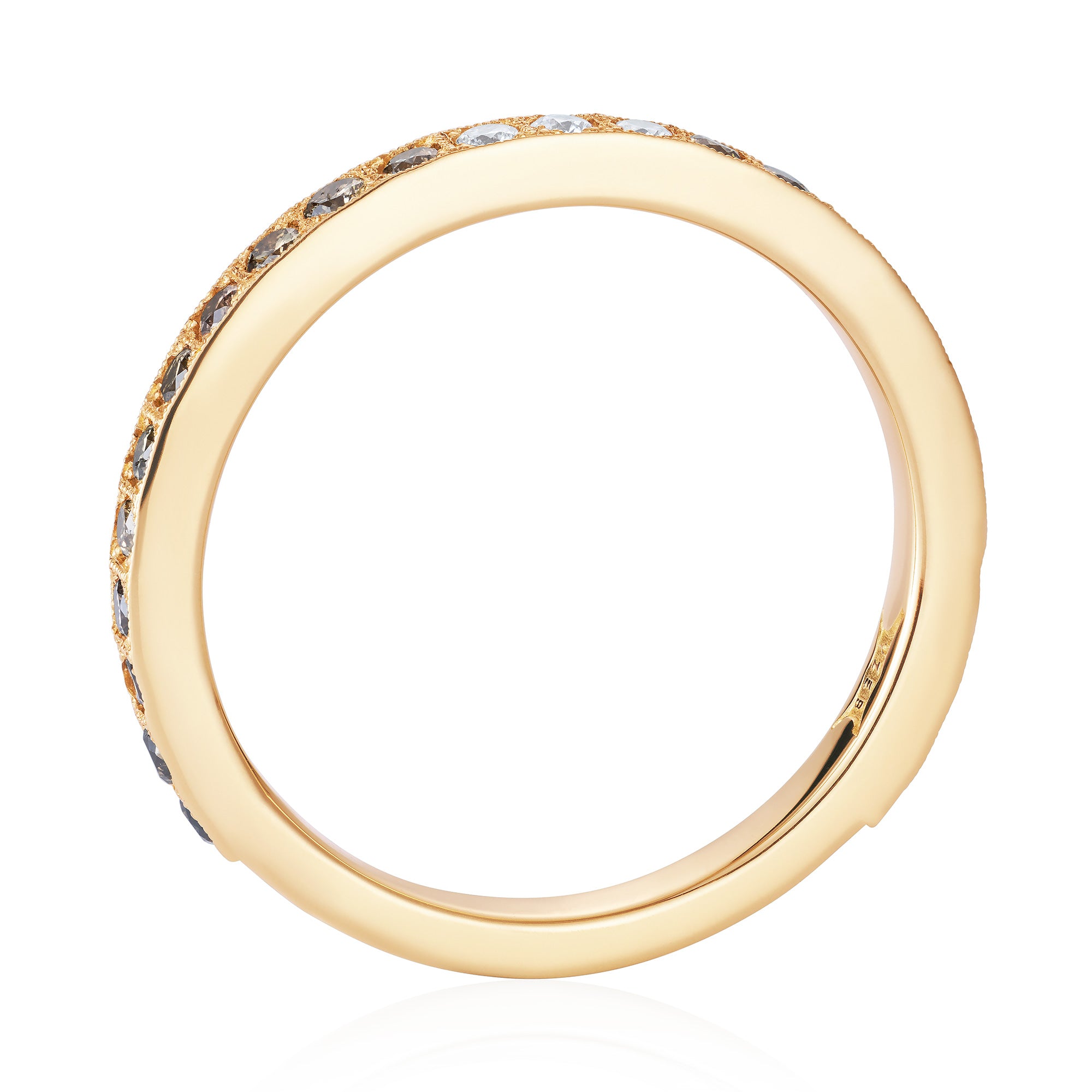 Ombré diamond eternity ring in 18ct yellow gold with diamonds fading from white to champagne to chocolate, designed by Yasmin Everley. Through view.