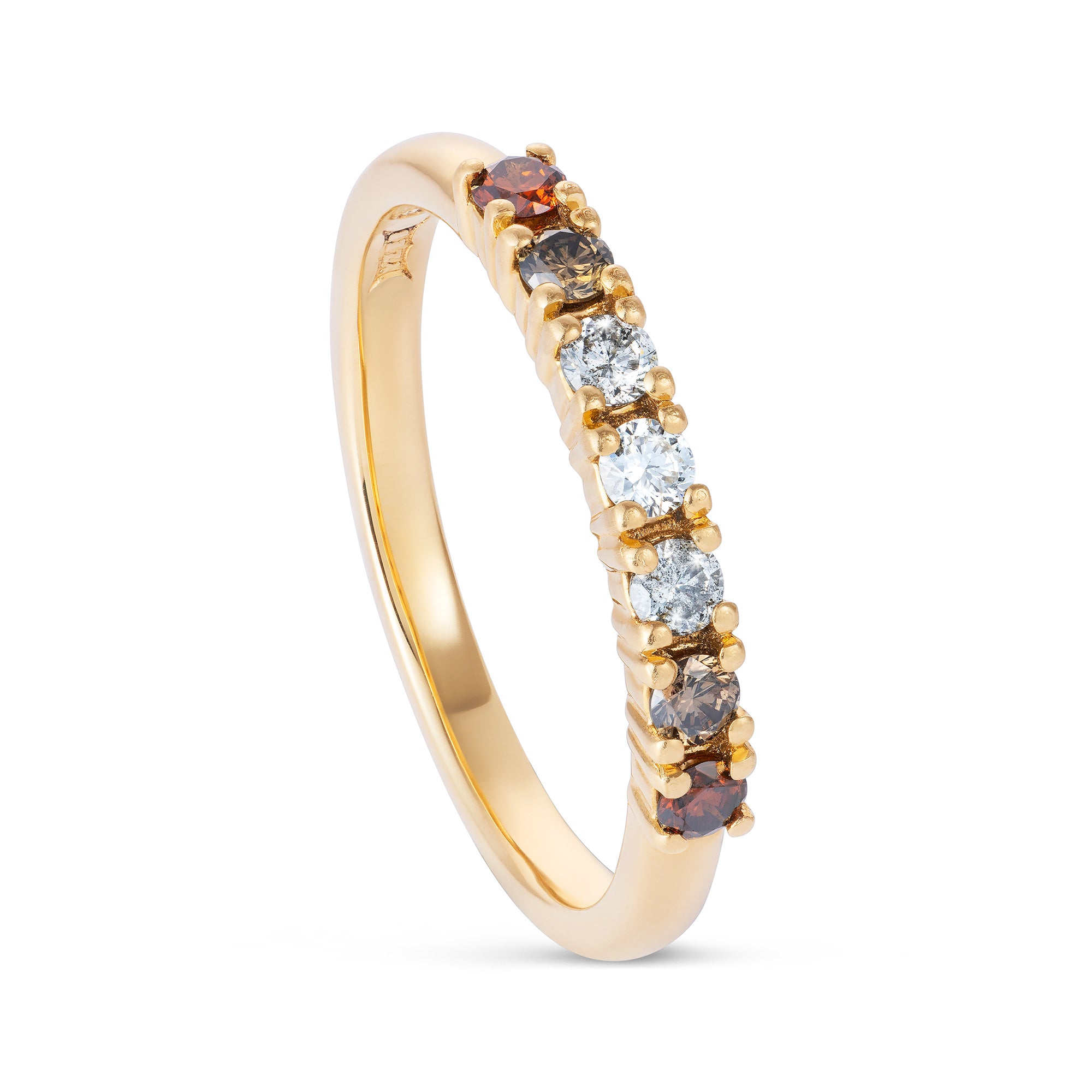 Yellow gold ring with seven small round stones, white diamond in the centre, going out to light grey, mid brown and cinnamon tone diamonds. Angled View.
