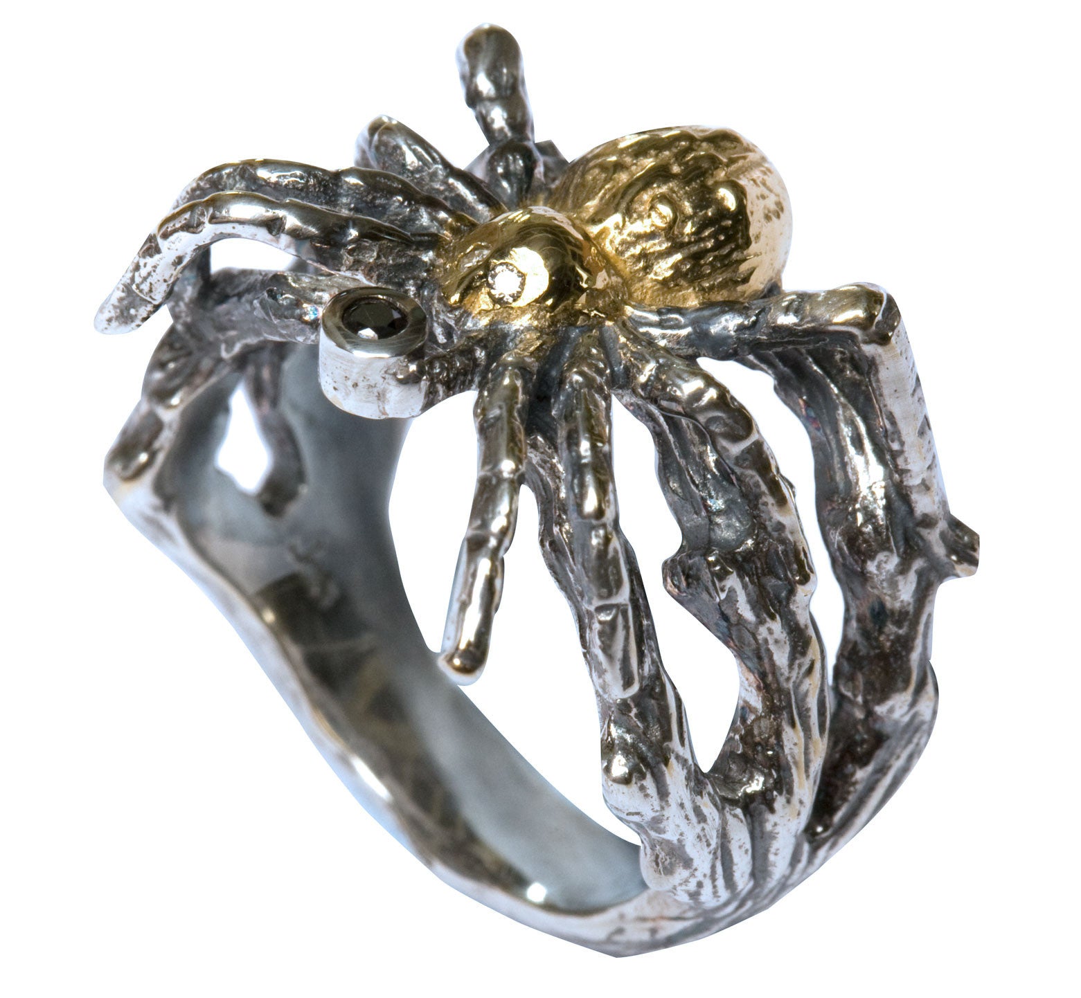 Gilded Spider Ring with black diamond and white diamonds