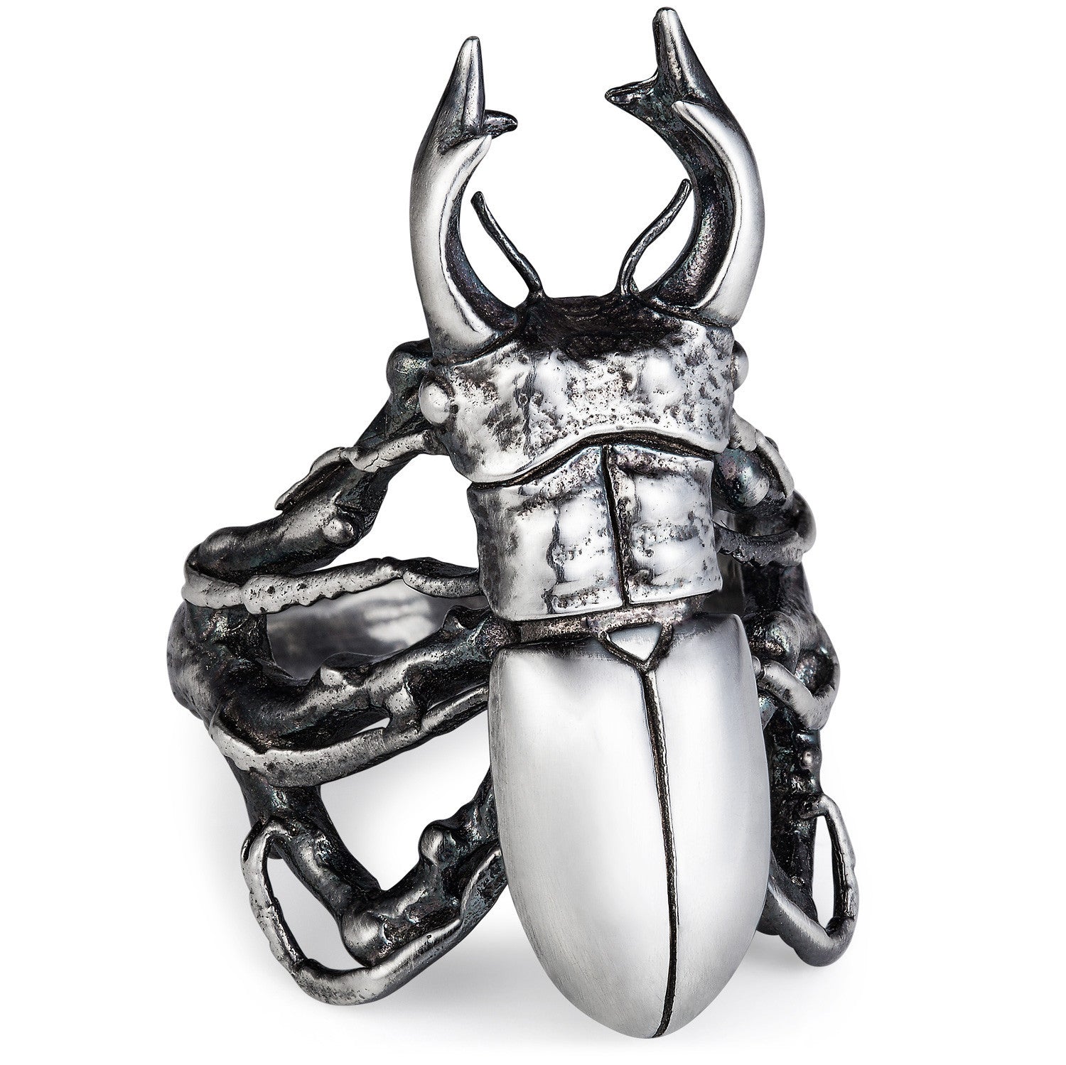 Dark Silver Stag Beetle Ring